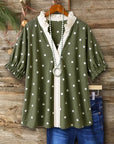 Polka Dot Print Ruffle Neck Short Sleeve Top