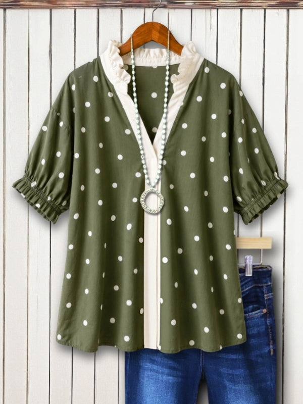 Polka Dot Print Ruffle Neck Short Sleeve Top