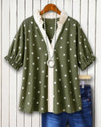 Polka Dot Print Ruffle Neck Short Sleeve Top