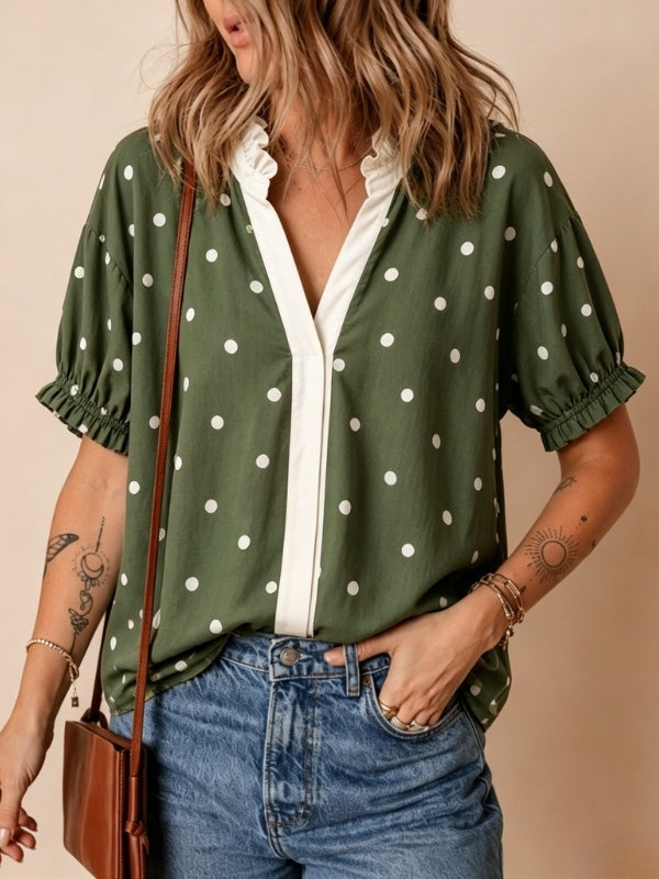 Polka Dot Print Ruffle Neck Short Sleeve Top