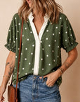 Polka Dot Print Ruffle Neck Short Sleeve Top