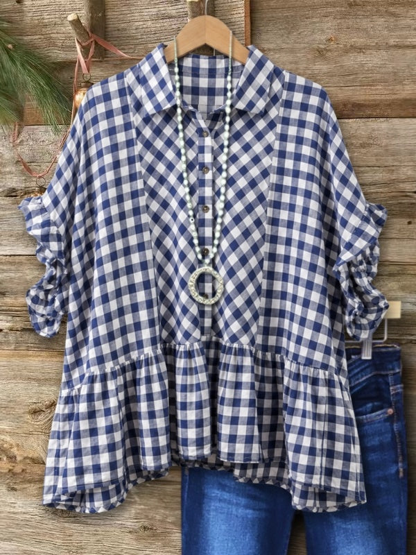 Gingham Print Ruffle Sleeve Babydoll Top