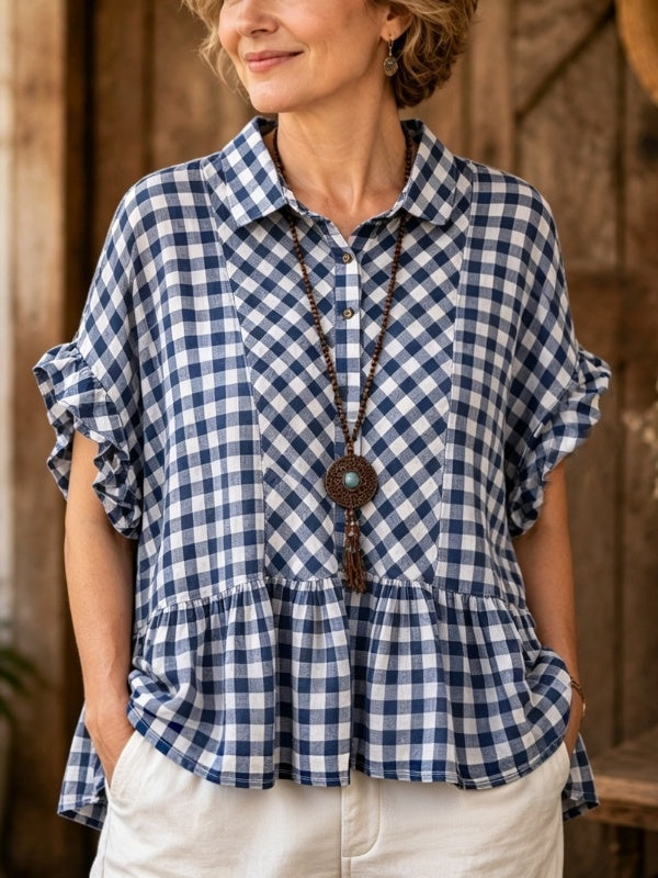 Gingham Print Ruffle Sleeve Babydoll Top