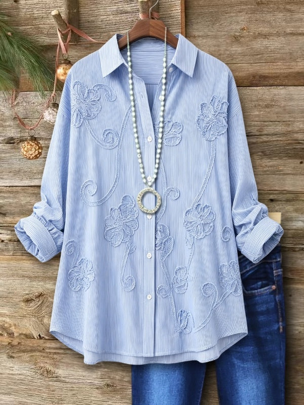 Floral Embroidery Button Front Long Sleeve Blouse