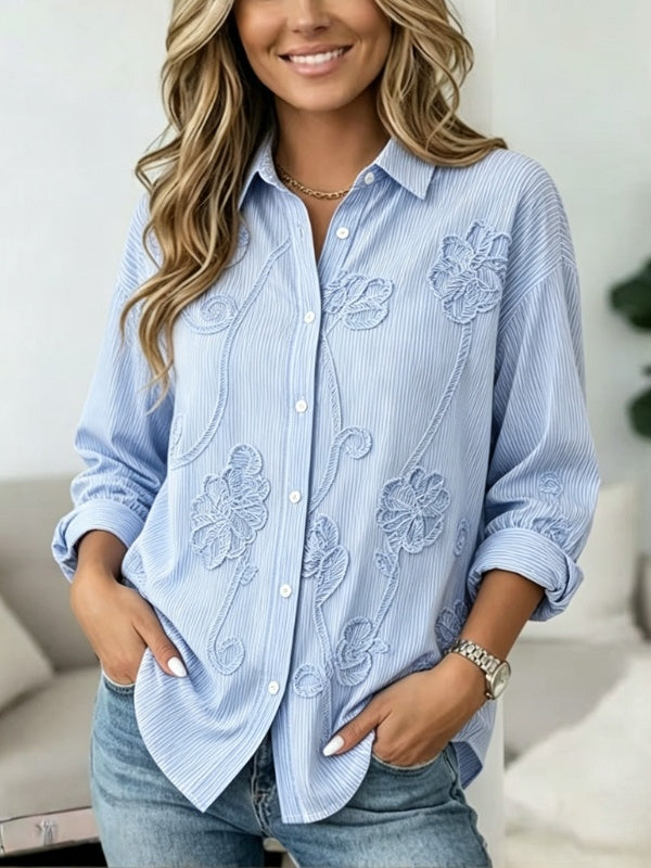Floral Embroidery Button Front Long Sleeve Blouse
