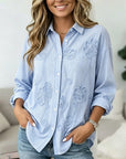 Floral Embroidery Button Front Long Sleeve Blouse