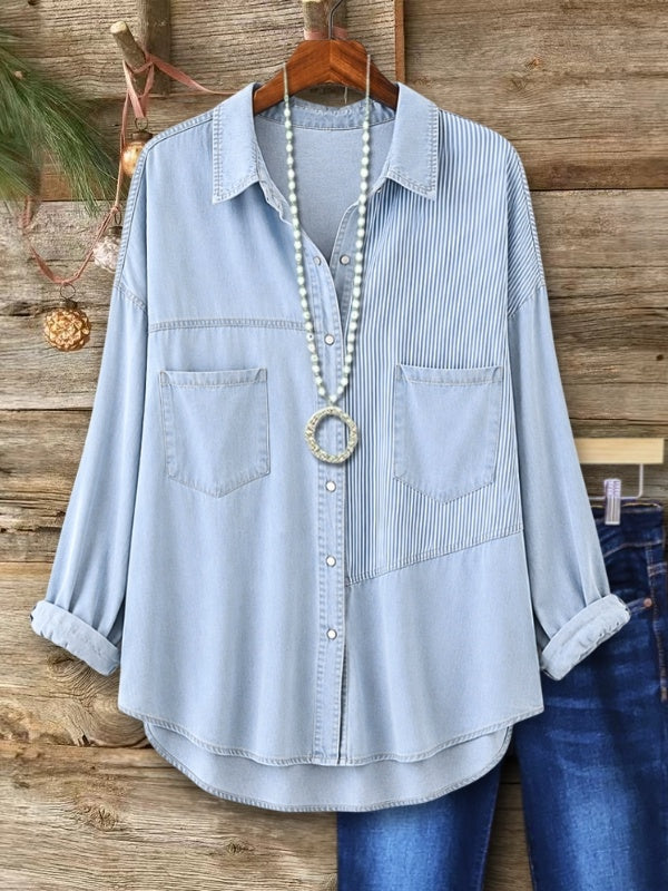 Denim Patchwork Striped Button Front Shirt