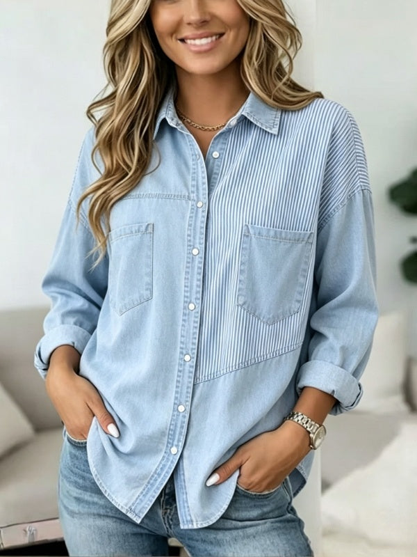 Denim Patchwork Striped Button Front Shirt