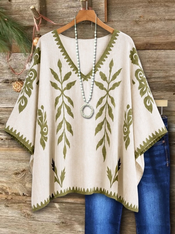 Leaf Print V-Neck Short Sleeve Tunic Top