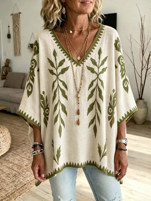 Leaf Print V-Neck Short Sleeve Tunic Top