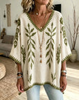 Leaf Print V-Neck Short Sleeve Tunic Top