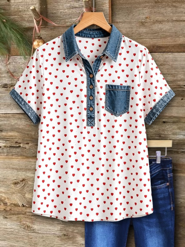 Heart Print Denim Collar Tunic Short Sleeve Top