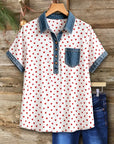 Heart Print Denim Collar Tunic Short Sleeve Top