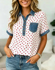 Heart Print Denim Collar Tunic Short Sleeve Top