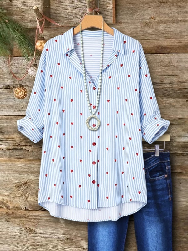 Heart Print Striped Button Down Roll Blouse
