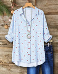 Heart Print Striped Button Down Roll Blouse