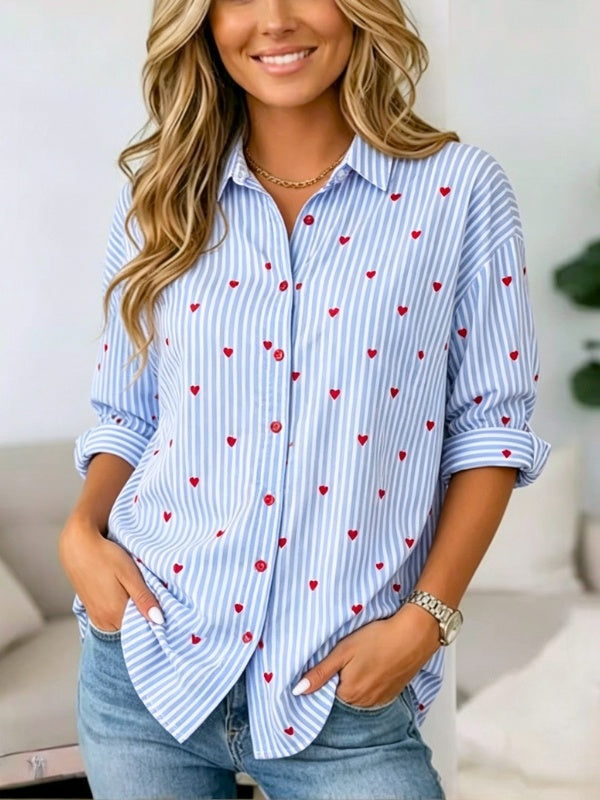 Heart Print Striped Button Down Roll Blouse