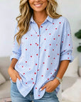 Heart Print Striped Button Down Roll Blouse