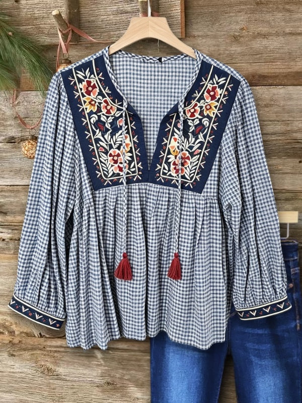 Floral Embroidery Gingham Babydoll Top