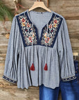 Floral Embroidery Gingham Babydoll Top