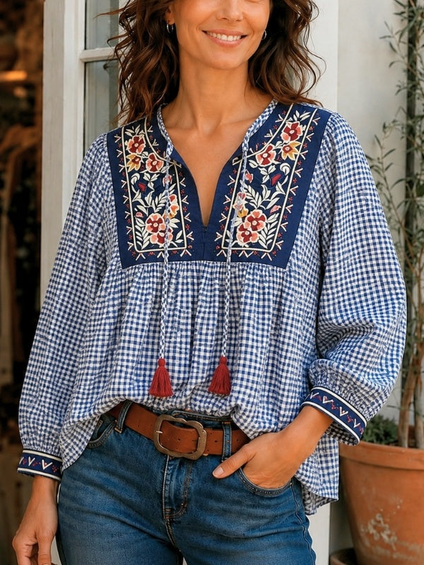 Floral Embroidery Gingham Babydoll Top