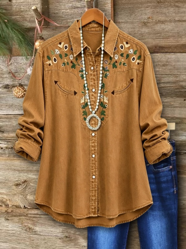 Western Style Floral Embroidery Denim Blouse