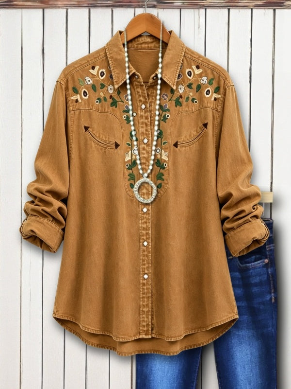 Western Style Floral Embroidery Denim Blouse