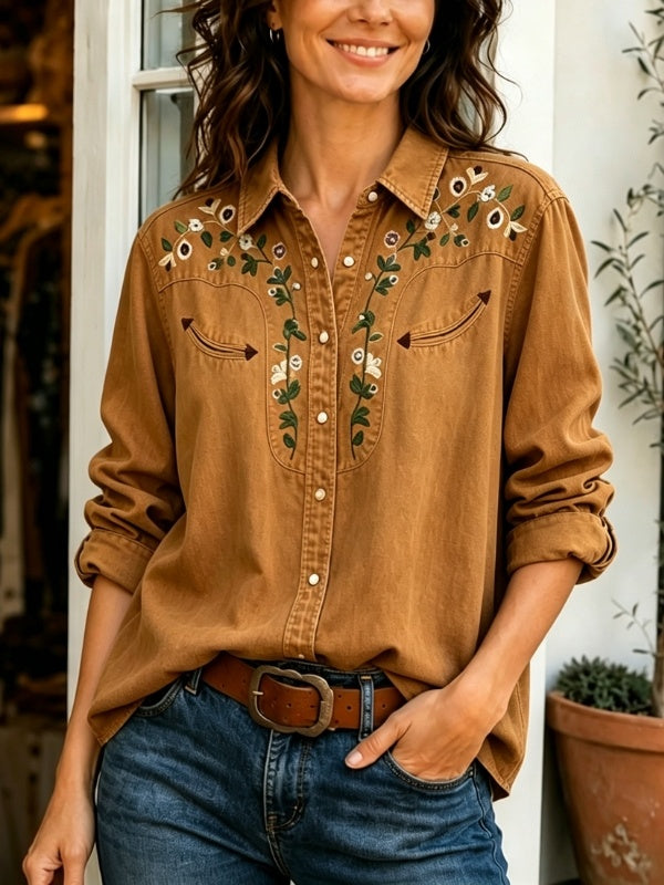 Western Style Floral Embroidery Denim Blouse
