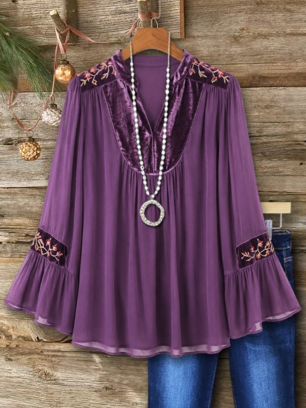Embroidery Velvet Yoke Babydoll Flare Sleeve Top
