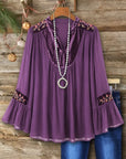 Embroidery Velvet Yoke Babydoll Flare Sleeve Top