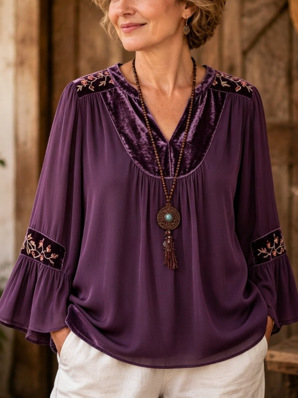 Embroidery Velvet Yoke Babydoll Flare Sleeve Top