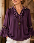 Embroidery Velvet Yoke Babydoll Flare Sleeve Top