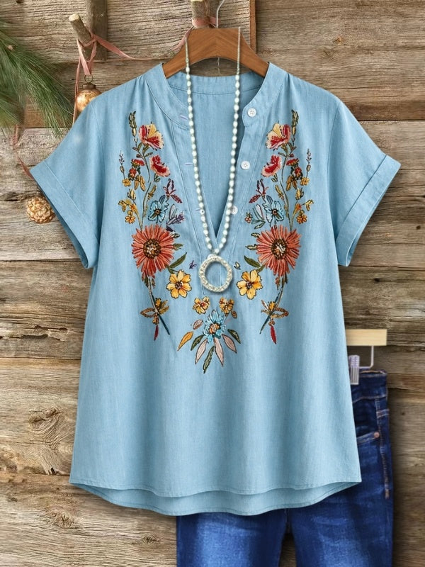 Floral Embroidery Denim Top