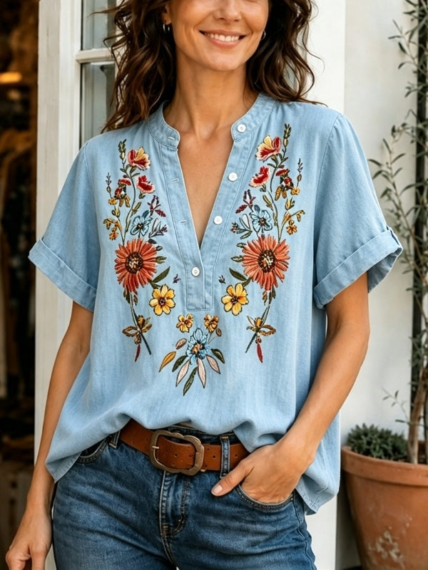 Floral Embroidery Denim Top