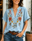 Floral Embroidery Denim Top