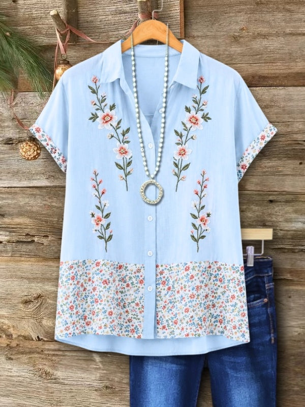 Floral Embroidery Patchwork Short Sleeve Tunic