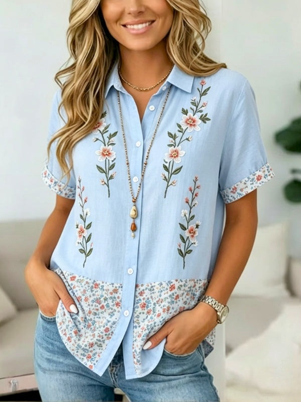 Floral Embroidery Patchwork Short Sleeve Tunic