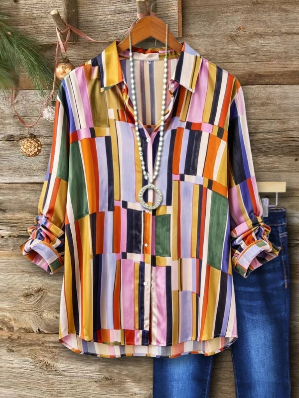 Color Block Stripe Print Button Down Shirt