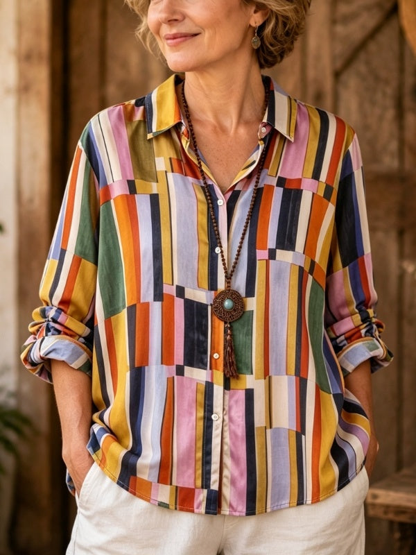 Color Block Stripe Print Button Down Shirt