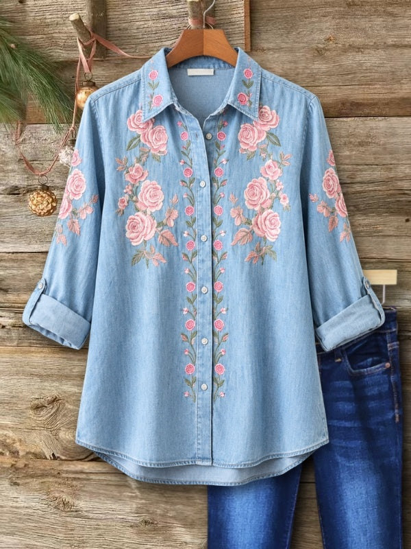Floral Embroidery Denim Shirt