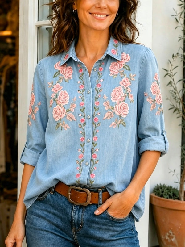 Floral Embroidery Denim Shirt