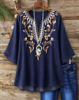 Floral Embroidery V Neck Blouse Top