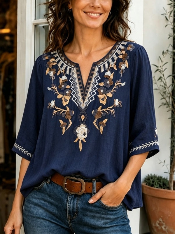 Floral Embroidery V Neck Blouse Top