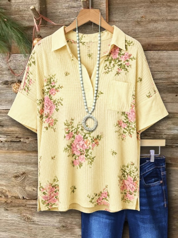 Floral Print Waffle Patchwork Top