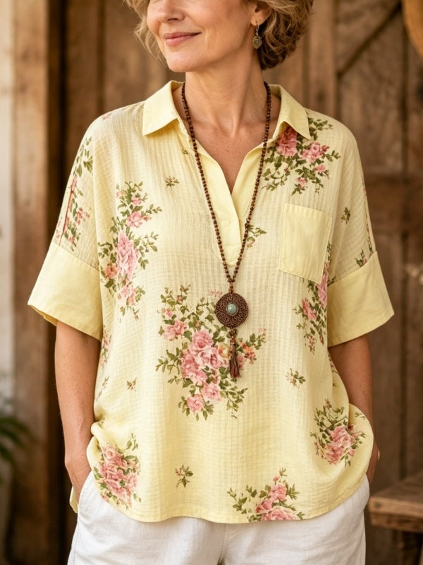 Floral Print Waffle Patchwork Top