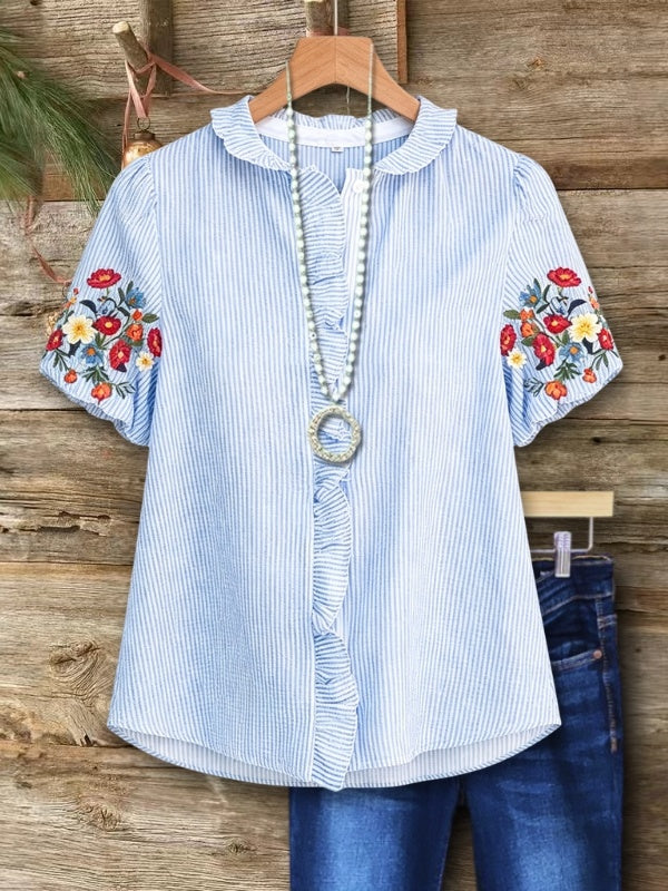 Striped Shirt with Floral Embroidery Cuff Detail