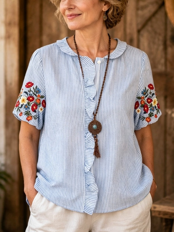 Striped Shirt with Floral Embroidery Cuff Detail