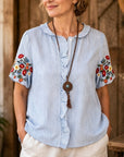 Striped Shirt with Floral Embroidery Cuff Detail