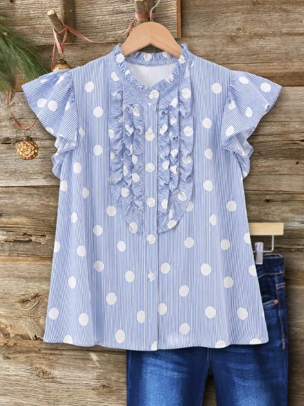 Polka Dot Stripe Ruffle Blouse Top