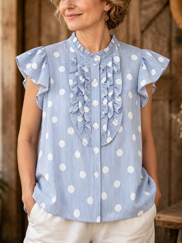 Polka Dot Stripe Ruffle Blouse Top